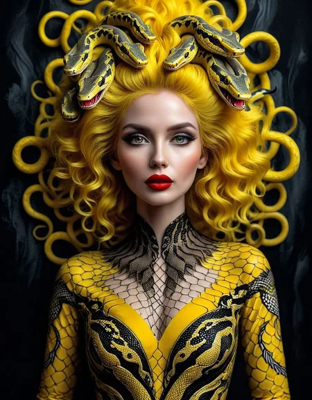 A mesmerizing dark fantasy portrait of a woman with striking features. Her bright yellow, tousled hair complements her bold red lipstick, drawing attention to her captivating face. The intricate dress, formed of countless snakes that gracefully crawl around her body, showcases her unique fashion sense. Her hands stretched behind her head reveal the elaborate design of the dress, accentuating her bold style. The enchanting background of soft, warm yellow hues contrasts with her dark and mysterious aura, creating a captivating and unforgettable image.(glass painting,digital art,oil painting,monochrome,double exposure) <lora:DANGUBA:1>
