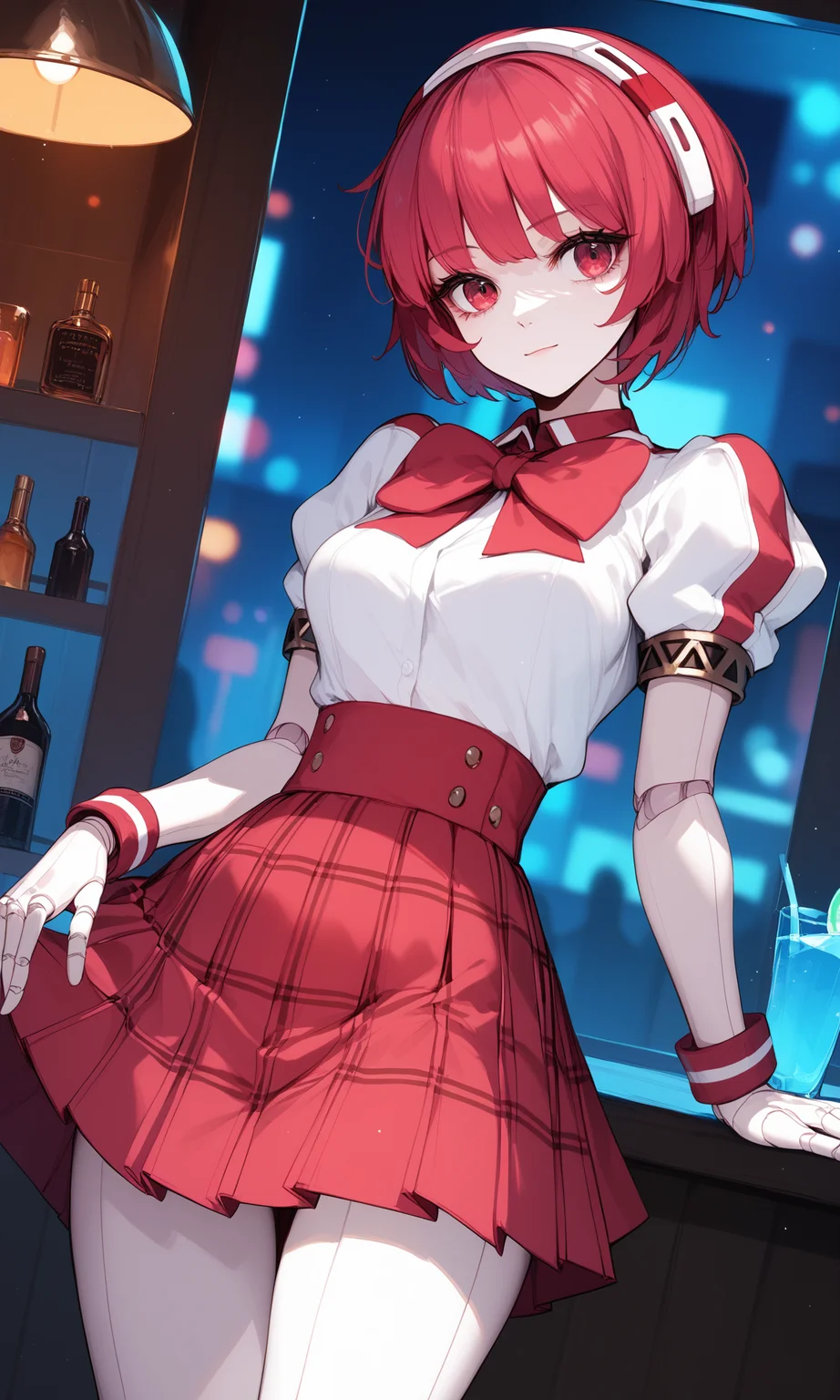 (score_9,score_8_up,score_7_up,score_6_up,score_5_up),1girl, solo, dorothy haze, robot joints, short hair, android, bow, puffy sleeves, looking at viewer, standing, bowtie, red skirt, puffy short sleeves, closed mouth, breasts, pleated skirt, medium breasts, plaid skirt, bar \(place\), night, <lora:VA-11 Hall-A-xl-blend:1>