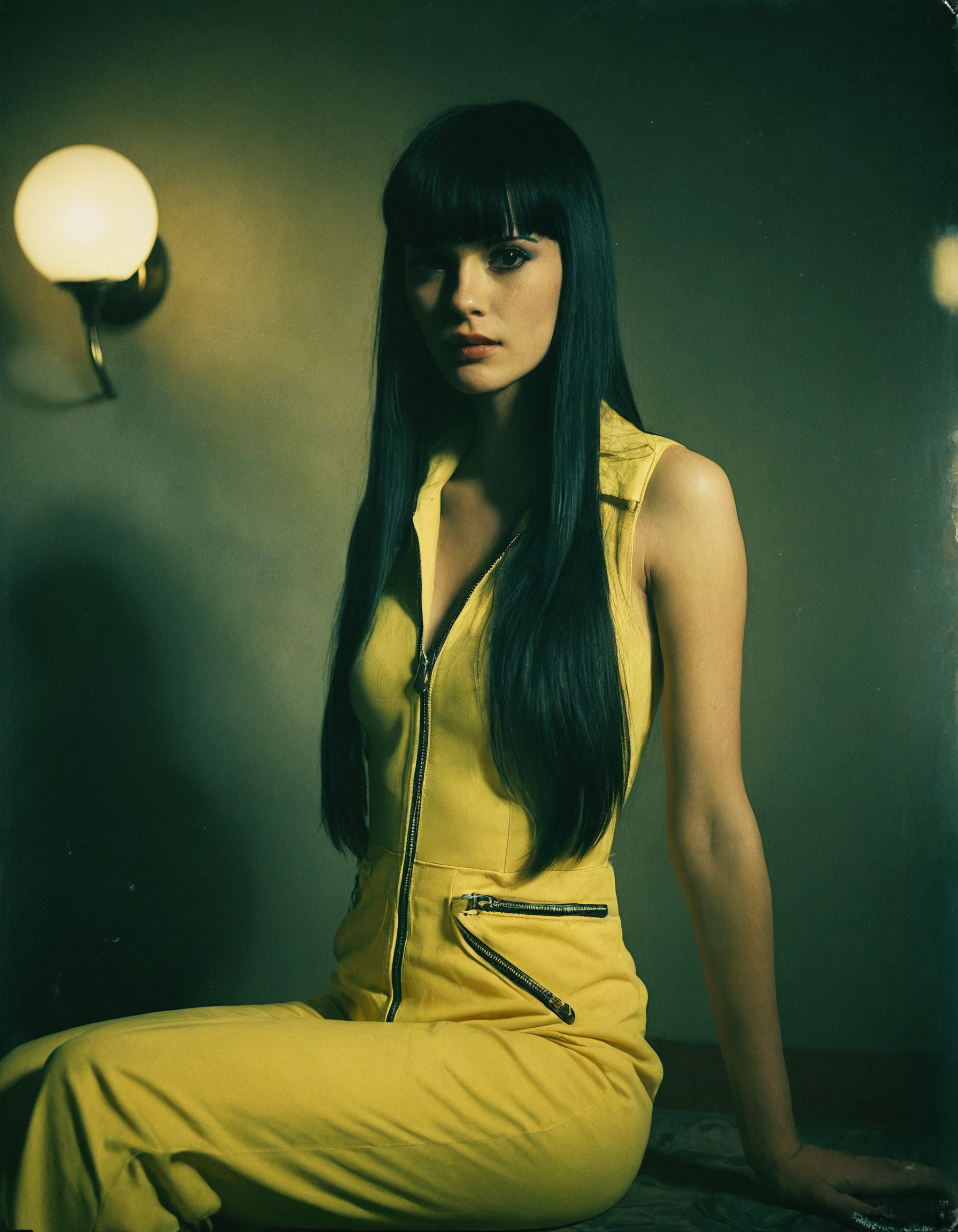 A sexy woman with long, sleek black hair and bold bangs sits confidently in a dynamic pose, wearing an unzipped yellow jumpsuit that drapes stylishly around her figure. The ambient and backlighting create a rich interplay of light and shadow, adding depth and mystery to the scene. The indoor setting features a neutral color palette with carefully placed decorative lighting, casting a moody yet sophisticated atmosphere. Captured in a grainy, vintage 35mm film style reminiscent of classic Kodachrome and Lomography, the image has a slightly faded look with subtle imperfections like ISO 200 grain, soft vignettes, and a delicate patina of time. The composition blends hyperrealistic textures with an impressionistic painting-like quality, creating an evocative and timeless aesthetic.