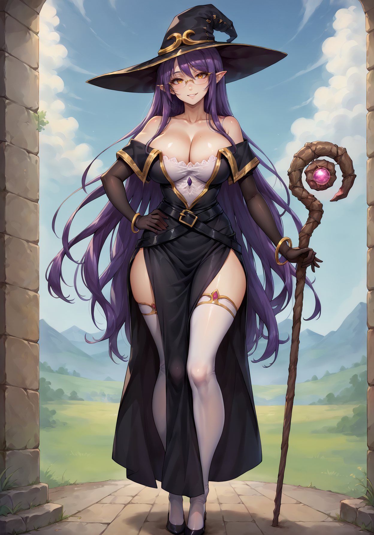score_9, score_8_up, mlgswtch, <lora:Witch - Goblin Slayer - PDXL:0.8>, 1girl, solo,  bare shoulders, black belts, black dress, black gloves,  off shoulder dress, high heels, long sleeves, side slit,  gold trim, gold trimmed thigh highs, strapless,    mole under eye, large breasts, white bustier, smile,  bracelets, hands on hips, glasses, pointy ears,  contrapposto, witch hat, staff, wide hips
