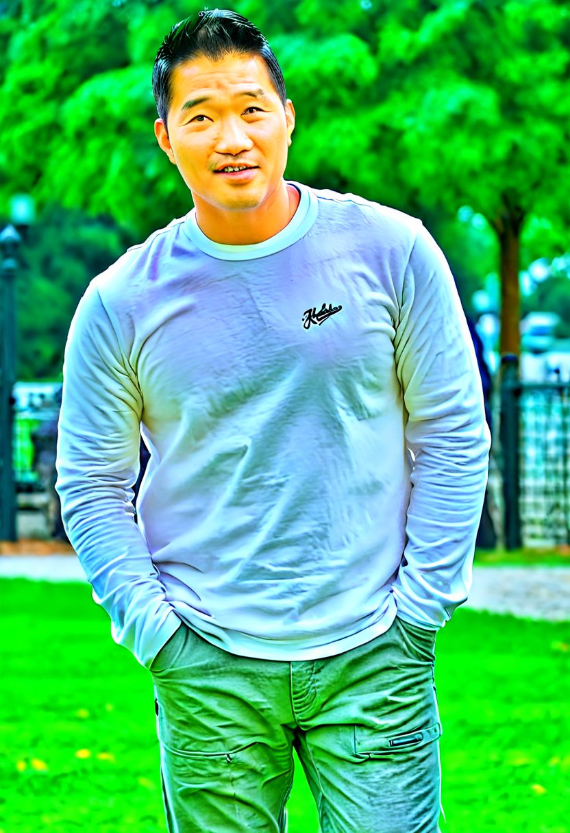 (((htkangface))), daddy,  natural face expression, (((detailed HtKangface))), fixed htKangface Photorealistic, realistic, masterpiece, intricate details, detailed background, depth of field, photo of a handsome, dynamic pose, natural face expression, (((looking at viewer))), high detail, high quality, male focus,  ((white shirt)), ((pants)), ((park background))