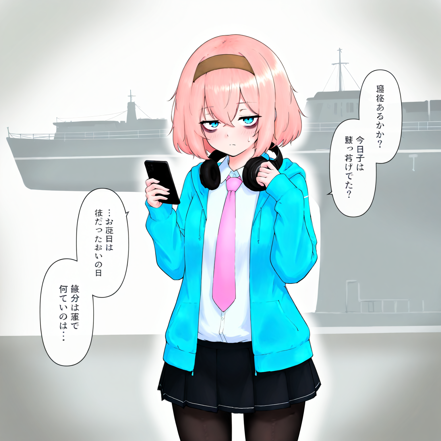 masterpiece, best quality, amazing quality, very aesthetic, absurdres,  newest, scenery,, 1girl, 
solo, pink hair, blue eyes, short hair, jacket, blue hoodie, bags under eyes, tired, cosplay, white background, hairband, long sleeves, skirt, shipgirl \(cosplay\), looking at viewer, standing, closed mouth, blush, headphones around neck, open clothes, hood, brown hairband, expressionless, hood down, pleated skirt, black pantyhose, shirt, drawstring, hair between eyes, jitome, white shirt, dress shirt, simple background, collared shirt, sleeves past wrists, black skirt, borrowed character, open jacket, necktie, miniskirt, hoodie, sidelocks, headphones, pantyhose, watercraft, pink necktie, cowboy shot, hair ornament, blue jacket, hands up, ship, sweatdrop, sleeves past fingerwear, solo focu,
focused, tsuki_ni_kawatte_oshioki_yo, scowl, Ambient Light Perspective shot, and scowling mode. next to her, there are two other characters, one with blonde hair and the other with brown hair. on the left side of the image, there is a cartoon illustration of a girl with pink hair and blue eyes wearing a school uniform. she has a sad expression on her face and is holding a phone in her hand. the background is white and there is text above and below the illustration that reads "scowing mode" and "ambient light perspective"., vise-ss4, masterpiece, best quality, amazing quality, very aesthetic, absurdres,  newest, volumetric lighting, scenery, <lora:last-000004:1.0>