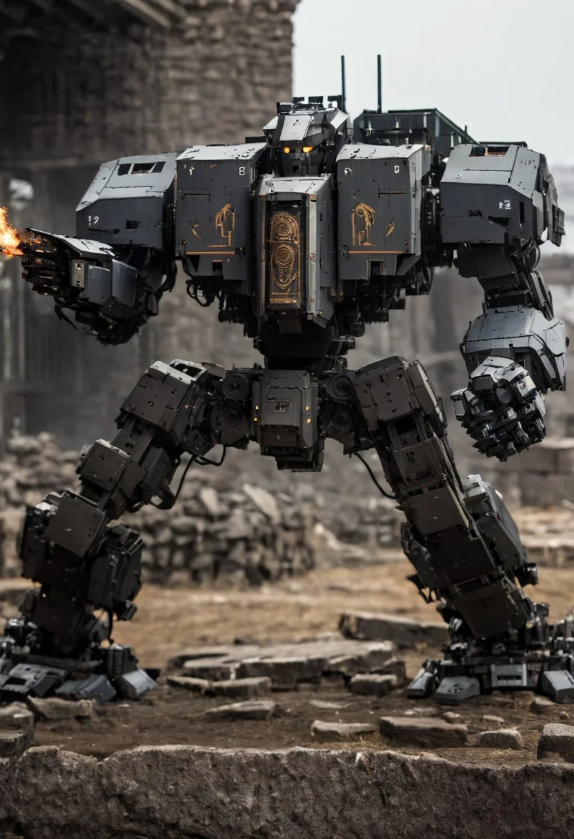 photograph, highly detailed, mecha, robot, war machine, day, glass windsheild, outdoors, ruins, battle, size difference, cold light, burning, firing