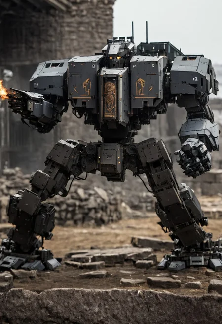 photograph, highly detailed, mecha, robot, war machine, day, glass windsheild, outdoors, ruins, battle, size difference, cold light, burning, firing