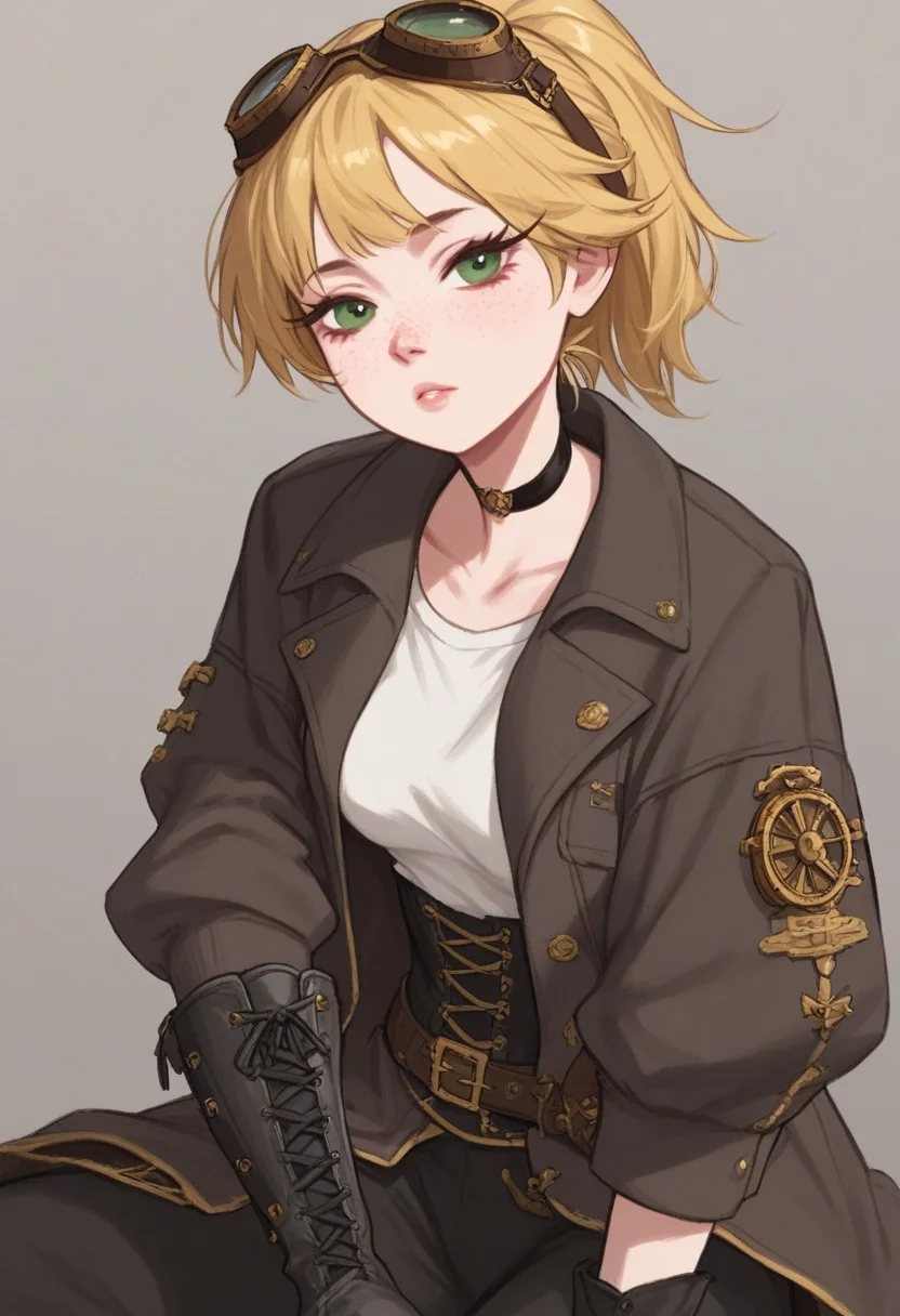 score_9, score_8_up, score_7_up, 1girl, short, pale skin, cute face, green eyes, freckles, short blonde hair, ponytail, side bangs, petite, medium breasts, choker, wearing a black bolero jacket over a loose white shirt, brown pantaloons, black laced boots, belts, wearing steampunk goggles