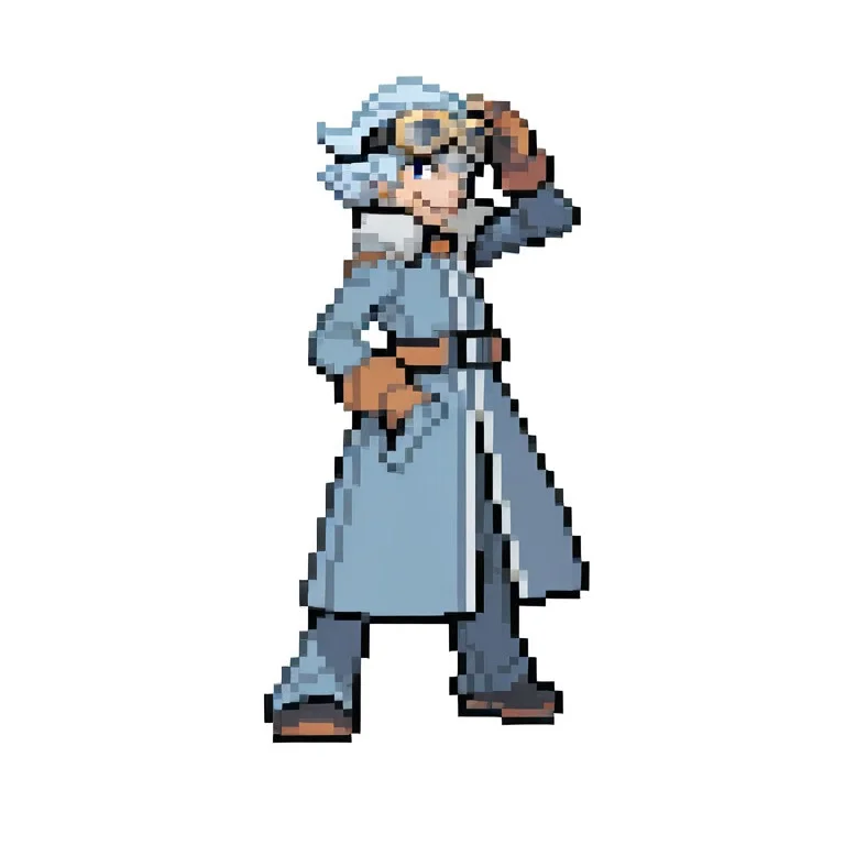 1boy,
full body,
light blue hair, coat, goggles, gloves, blue eyes, smirk