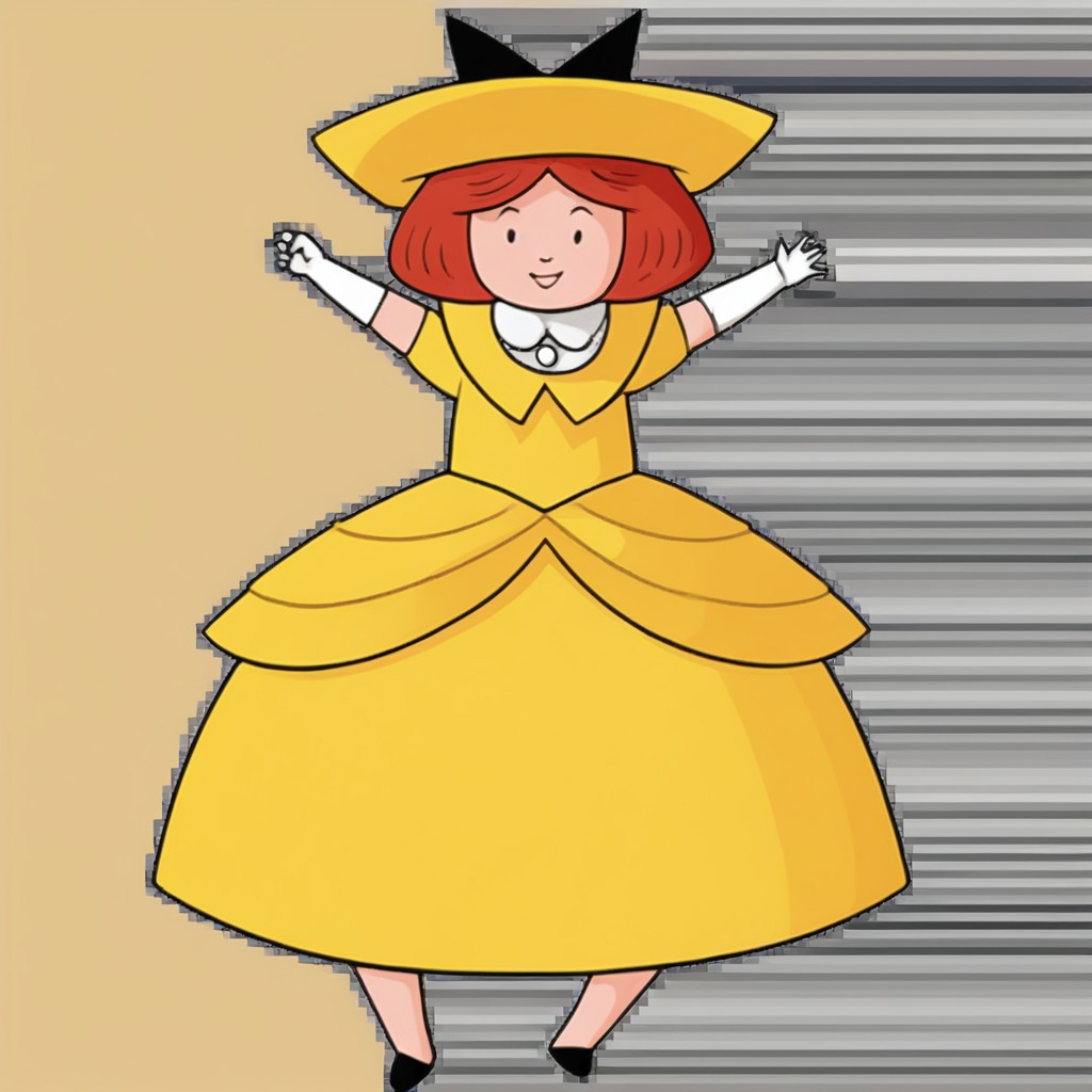 1girl, solo, Madeline, yellow hat with a black hair bow, white gloves, red hair, smile, full body, princess make up, Very long large floor length wide straight yellow tulle long sleeved ball gown hoop skirt, ball gown hoop skirt, yellow princess dress, hoopdress, white pearl necklace, long elbow length princess gloves, my big princess gypsy wedding dress, ballgown, a girl in a dress posing like a princess for a picture, looking at viewer, pretty eyes, she is posing, hands on hips, closed mouth, closed eyes,
