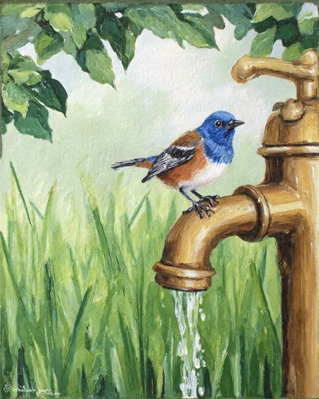 painting that captures a vibrant moment in nature. The central focus is a small bird, likely a wren, perched on a rustic, old-fashioned brass faucet. The bird, with a striking blue head and chest, stands out against the faucet's golden-brown color. The bird's wings and tail feathers are a mix of blue, black, and brown, adding depth to its appearance. The faucet, with a classic design featuring a spout and handle, is positioned vertically, with water droplets suspended from its spout, giving a sense of movement and life.
In the background, there is a soft-focus blend of green grass and blurred foliage, indicating a natural outdoor setting. The grass blades in the foreground are tall and slender, adding a touch of realism to the scene. The overall composition is balanced, with the bird's position slightly tilted to the right, creating a dynamic and engaging visual.
The artist's signature, "Natasha Jayne Parker," is visible in the bottom left corner of the image, indicating the artist's name and likely authorship. The painting's style is realistic with a slight emphasis on light and shadow, creating a three-dimensional effect. The warm tones of the brass faucet contrast with the cool tones of the bird., aidmaimageupgrader, aidmaMJ6.1