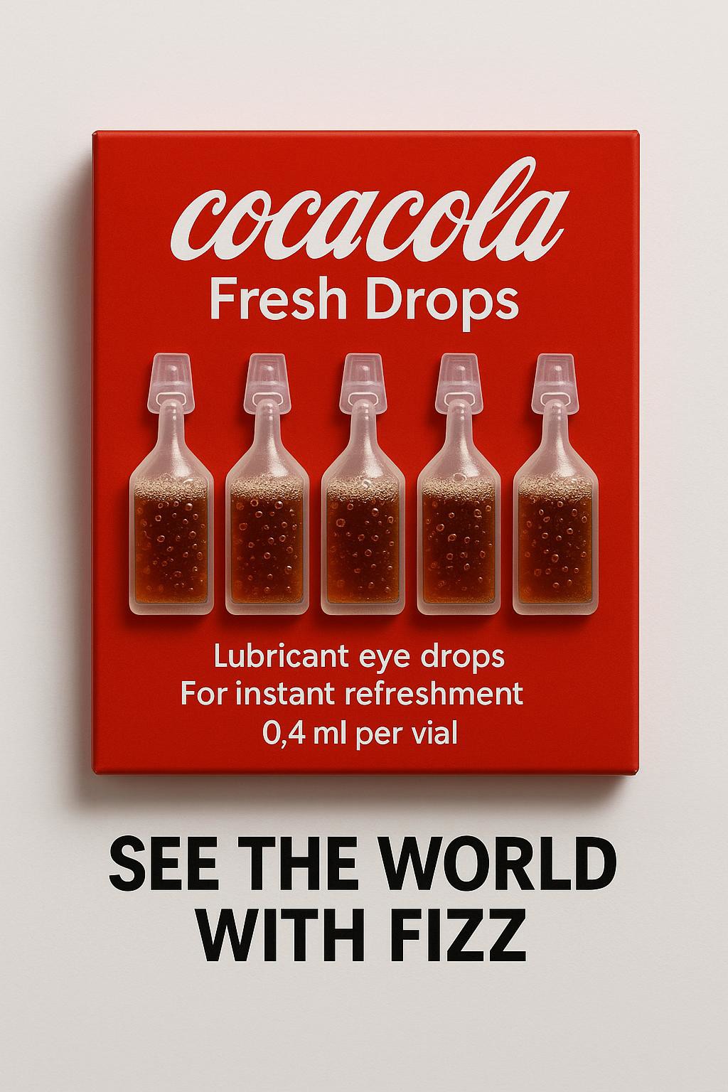 A humorous and surreal product mockup featuring a red box labeled 'cocacola Fresh Drops' with five single-use plastic vials resembling eye drop containers. Each vial is filled with a brown fizzy liquid resembling coca cola, complete with tiny bubbles. The packaging reads 'Lubricant eye drops – For instant refreshment – 0.4 ml per vial.' Below the box is bold black text that says: 'SEE THE WORLD WITH FIZZ.' The image is minimalistic and clean, with soft lighting and a white background, blending elements of parody and product design