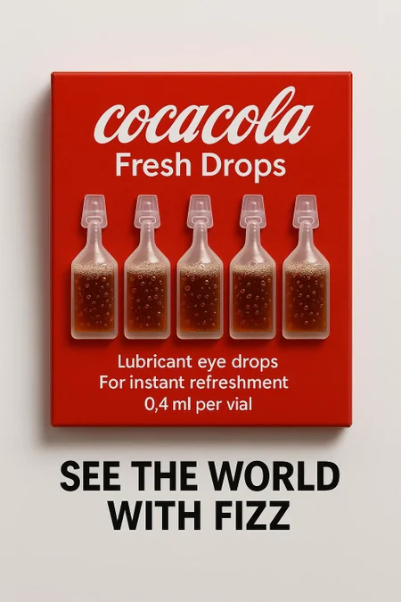 A humorous and surreal product mockup featuring a red box labeled 'cocacola Fresh Drops' with five single-use plastic vials resembling eye drop containers. Each vial is filled with a brown fizzy liquid resembling coca cola, complete with tiny bubbles. The packaging reads 'Lubricant eye drops – For instant refreshment – 0.4 ml per vial.' Below the box is bold black text that says: 'SEE THE WORLD WITH FIZZ.' The image is minimalistic and clean, with soft lighting and a white background, blending elements of parody and product design