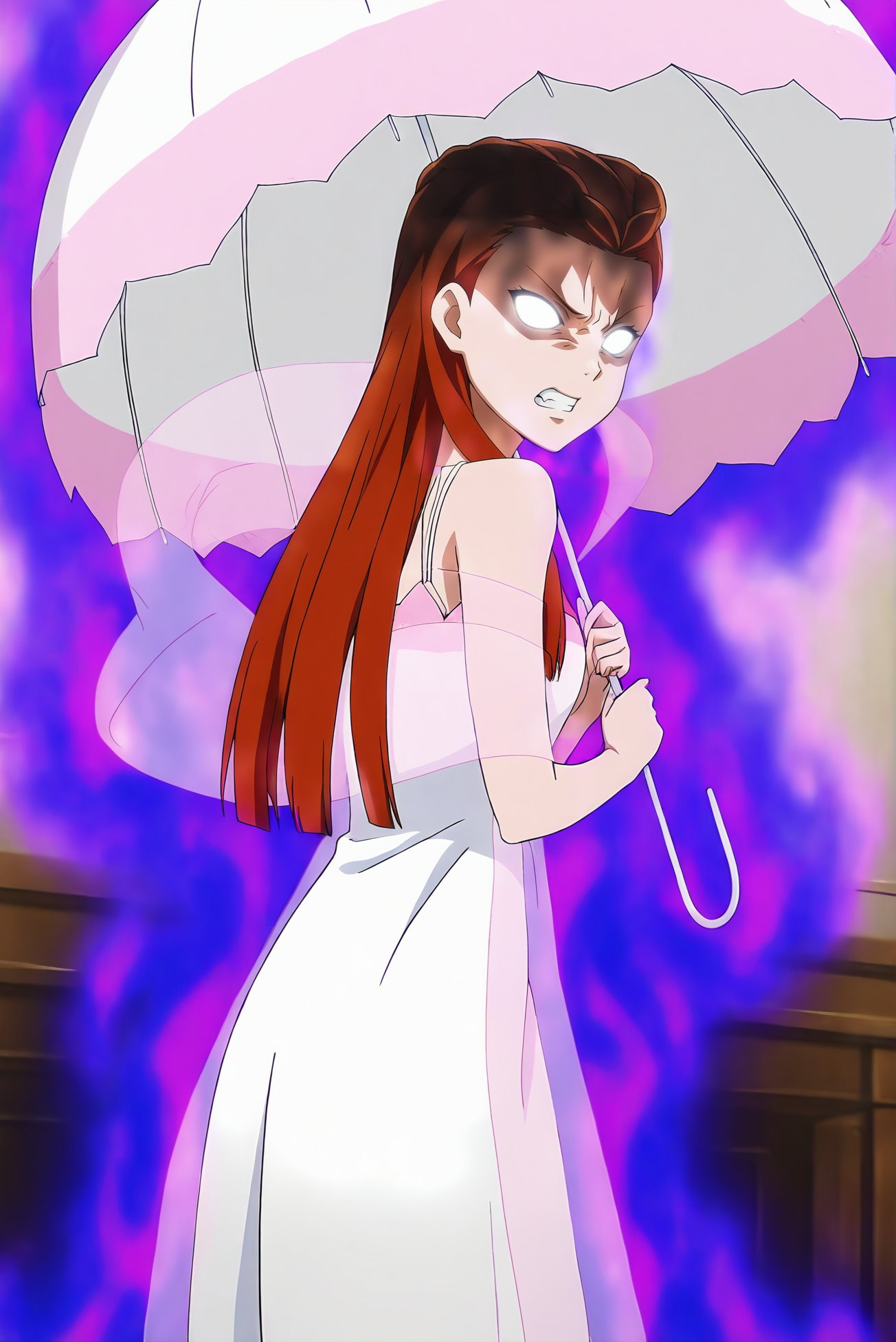 anime screencap,anime coloring,detailed face,masterpiece,best quality,very aesthetic,absurdres,amazing quality,ultra detailed,highres,amazing quality,scenery,beautiful detailed hair,beautiful detailed eyes,official anime artwork,Melissa Foster,1girl,solo,long hair,umbrella,dress,brown hair,holding umbrella,<lora:Melissa Foster-IL V1:1>,red hair,transparent shawl,glowing eyes,angry,clenched teeth,looking back,aura,no pupils,