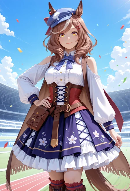 masterpiece, best quality, newest, very awa, looking at viewer, (realistic 0.5),
outdoors, blue sky, cloud, racetrack, stadium, confetti , standing, hand on hips, smile, gently smile,
<lora:Matikane Tannhause illu v3:1> 1girl, medium breasts, yellow eyes ,brown hair, white hair, multicolored hair, medium hair, streaked hair, animal ears, horse ears, horse tail, blue headwear, cabbie hat, ears through headwear, hair ornament, hairclip, blue bow, clothing cutout, shoulder cutout, long sleeves, brown cape,, white shirt, puffy sleeves, center frills, frills, corset, blue bowtie, belt pouch, blue skirt, frilled skirt, boots, red socks, brown footwear,