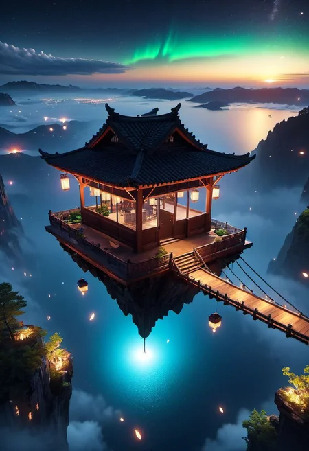 WLOP art style, unreal engine 5 style, outdoors, The island floating in the air, sky gate, human, bulding night, meteor star aurora , (low light), top-down view, firefly -ar 9:16, high saturation, high contract