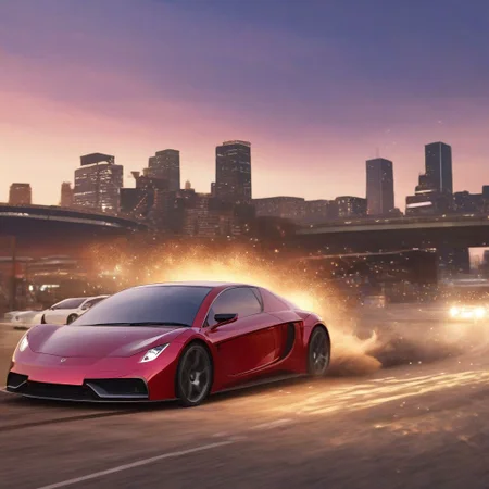 Vehicle, Vega EVX car driving fast, low angle, realistic, cityscape in the background, volumetric lighting, bloom, dust particles, depth of field, dynamic angle, rule of thirds, vivid, vivid color sky, worm under glow, three quarter angle