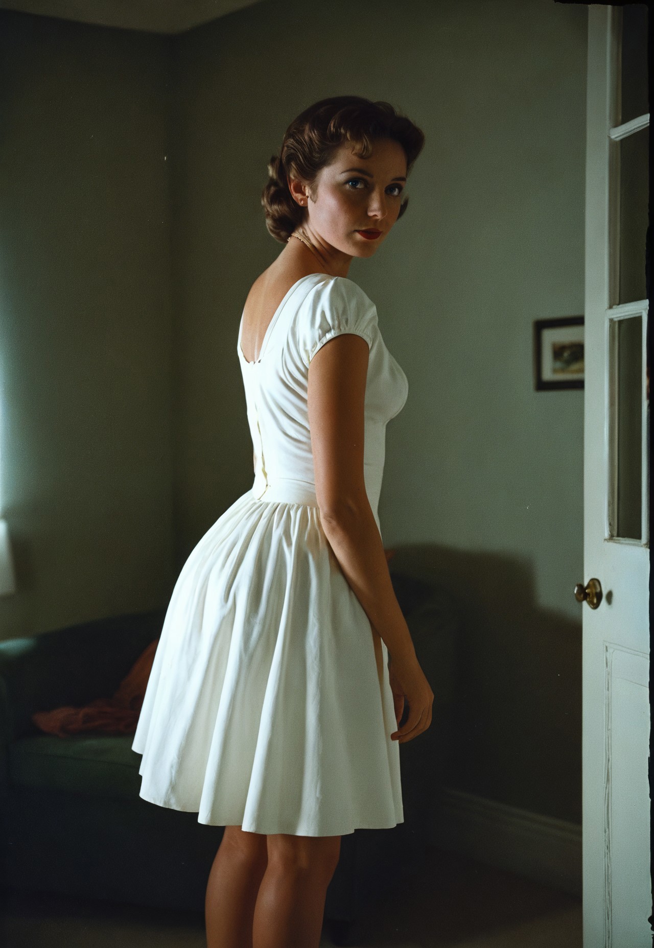 50s movie, film still, 30 years old girl, wearing white dress, standing in a dark room, natural lighting, Eastman Color Negative film, vintage, grainy, 35mm film, iso 100, f/2.8, cinematic, 85mm focal length, (sharp details, high quality, 4k, intricate details, highly-detailed, high budget)