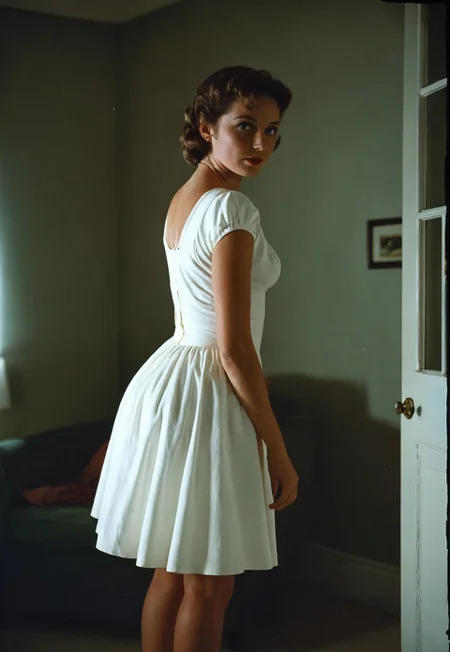 50s movie, film still, 30 years old girl, wearing white dress, standing in a dark room, natural lighting, Eastman Color Negative film, vintage, grainy, 35mm film, iso 100, f/2.8, cinematic, 85mm focal length, (sharp details, high quality, 4k, intricate details, highly-detailed, high budget)