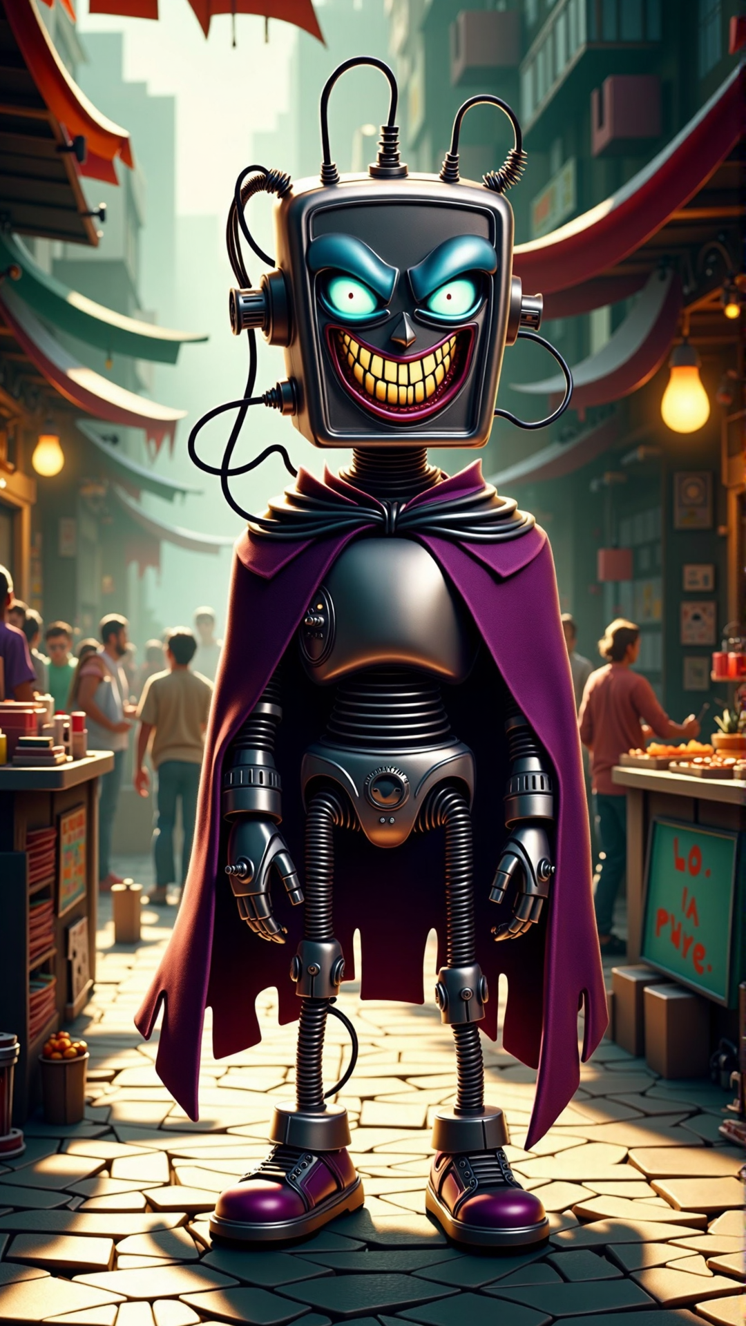 An image of a villainous item: A villanious robot with an unnerving, maniacal smirk etched into its metallic face, standing amidst the crowded market, the invisible cloak billowing behind it like a dark aura. Its facial features are twisted into a grotesque, cartoonish grin, the corners of its mouth curled up in a diabolical sneer, as if it feeds on the emotions it captures. The once-warm and empathetic expression is now a malevolent glare, its digital eyes glowing with an eerie, otherworldly light.
It wears a twisted, tattered cloak that seems to blend into the shadows, giving it an air of menacing stealth. Its body is a mass of twisted, nightmarish machinery, pulsing with dark energy. The robot's very presence seems to darken the atmosphere around it, casting long, ominous shadows across the vibrant market stalls.
The crowd around it seems oblivious to the robot's nefarious nature, going about their daily lives amidst the colorful stalls and intricate patterns. The soft, warm lighting that once illuminated the scene now casts an eerie glow, as if the very atmosphere itself is tainted by the robot's malevolent presence.
The background is a swirling vortex of colors and textures, a mesmerizing tapestry of sights and sounds that seems to be slowly corrupted by the robot's dark influence. The detailed shadows cast by the market stalls seem to twist and writhe, like living things, as if infected by the robot's villainous energy.
The scene is a dramatic, high-contrast clash of light and darkness, with the robot's twisted form looming large in the foreground, casting a long, ominous shadow across the vibrant market scene. The overall effect is one of heart-pounding tension, as if the very moment of capture is frozen in time, waiting for the robot to unleash its full, diabolical potential.<lora:VillainousStyleFlux:1>
