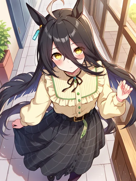 masterpiece,best quality,very aesthetic,absurdres,highres,newest,
mht casual,manhattan cafe (umamusume),
ahoge,animal ears,belt,belt buckle,black hair,black skirt,
buckle,earrings,frilled shirt collar,frills,hair between eyes,
highres,horse ears,jewelry,long hair,multicolored hair,neck ribbon,
ribbon,shirt,shirt tucked in,single earring,skirt,yellow eyes,yellow shirt,
blush,long sleeves,horse girl,black footwear,black pantyhose,
horse tail,pantyhose,tail,black belt,casual,long skirt,
very long hair,plaid,plaid skirt,puffy sleeves,eyebrows visible through hair,eyes visible through hair,
frilled shirt,puffy long sleeves,
eye_focus,<lora:eye_focus:1>,
<lora:umamusume_manhattan_cafe_ill_v1.0:1>,