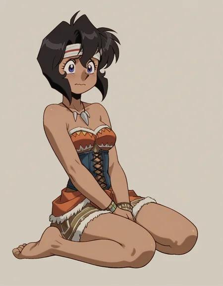 zPDXL, score_9, score_8_up, score_7_up, source_anime, 1girl, solo,
<lora:Gunsmith_ver3:1> gnsmth, rally, dark-skinned female, black hair, blue eyes, short hair , wavy mouth, own_hands_together, female prehistoric cavewoman wearing Tribal print corset with feathered trim, tribal print skirt, feathered headband, barefoot, claws necklace,shell bracelet,
