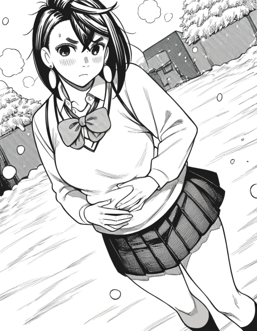score_9, score_8_up, score_7_up, source_anime, <lora:momo-ayase-manga-ponyxl-lora-nochekaiser:1>, momo ayase, short hair, bangs, thick eyebrows, monochrome, greyscale, medium breasts,, skirt, school uniform, pleated skirt, shoes, socks, loafers, sweater vest, shirt, white shirt, collared shirt, earrings,, snow day, winter clothes, snowball fight, laughter, cold breath, white landscape, , hand on stomach, blush,, looking at viewer, solo,, dutch angle, cowboy shot