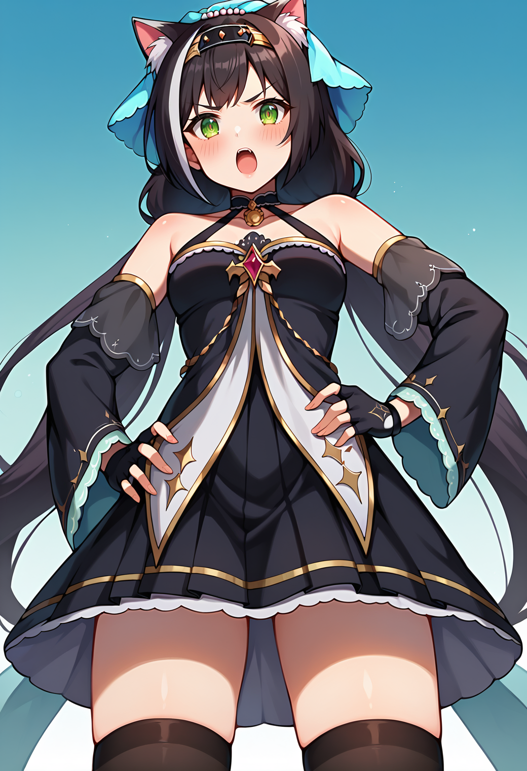 score_9, score_7_up, hd, (ultra hd quality details), source_anime, gradient background, 
solo, 1girl, kyarubase, streaked hair, cat ears, animal ear fluff, low twintails, cat tail,
calover, hairband, blue veil, black choker, black dress, black skirt, sleeveless dress, halterneck, bare shoulders, wide sleeves, black detached sleeeves, fingerless gloves, black thighhighs,
looking at viewer, blush, open mouth, angry,
standing, from below, hand on own hip, 
<lora:_karyl_elesico-pony-e19:0.85>