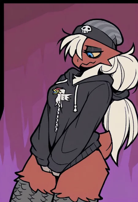 Masterpiece, best quality, aesthetic, high resolution, 1girl, anthro, solo, female, blaziken, tied hair, bird feathers, bird legs, colorful, emo, bottomless, thighhighs, hoodie, beanie, dark eyeshadow, dark eye circles, ponytail, 
Vanripper