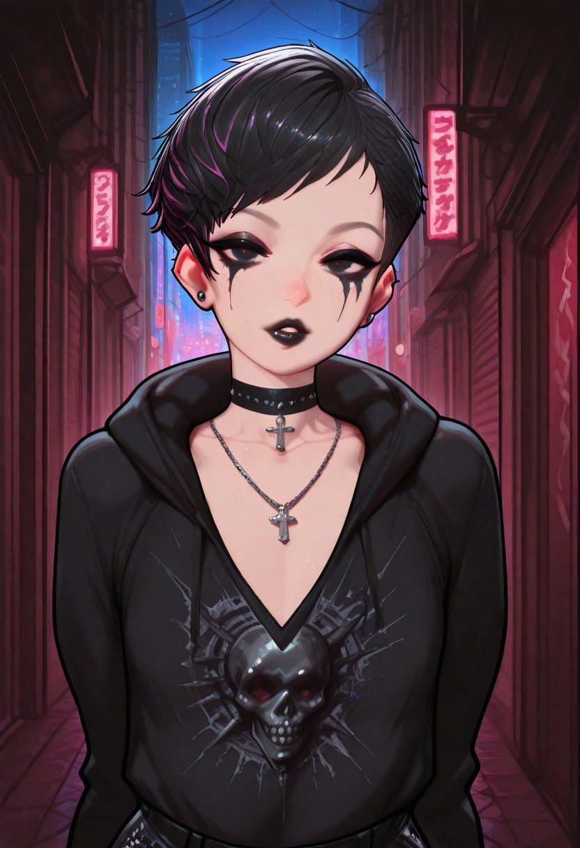 masterpiece, best quality, 32k, high resolution, absurdres, vector art, flat colors, bold lines, Sophie, SophieRH, 1girl, Adult girl, tiny body, (small breasts, almost flat chest, choker, earrings), dark eyes, pixie cut, black hair, cyan highlights, very short hair, tattoos, dark makeup, dark lipgloss, piercings, pierced navel, detailed, perfect, detailed eyes, gorgeous lips, slim, perfect body, spiky chocker, sexy look, flirty, posing sexy,  looking at the viewer ,eyeliner, gothic makeup, oversized black hoodie, punk prints, pants, necklace, cross, spikes, chains, punk attire, night city, low lights,