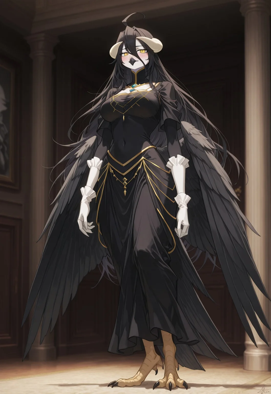 safe_pos, masterpiece, best quality, <lora:ksp200439_style_obsession_v1:1> ksp200439
anthro, ((black beak)), accurate beak, small beak,
feathers,
long hair,
breasts, blush, long hair, yellow eyes, detailed background, black hair, navel, big breasts, standing, tail, full body, multicolored hair, signature, monster girl, furry, claws, furry female, bird tail, animal feet, talons, bird legs, digitigrade, anime screencap, perfect beak, perfect face, perfect, ideal pupils, blush, black hair, big breasts, standing, tail, furry, furry female, body fur, albedo_overlord, defaultoutfit, long hair, wings, horns, gloves, black hair, yellow eyes, dress, black wings, white gloves, demon girl, large breasts, ahoge, black dress, demon horns, feathered wings, ((dress))