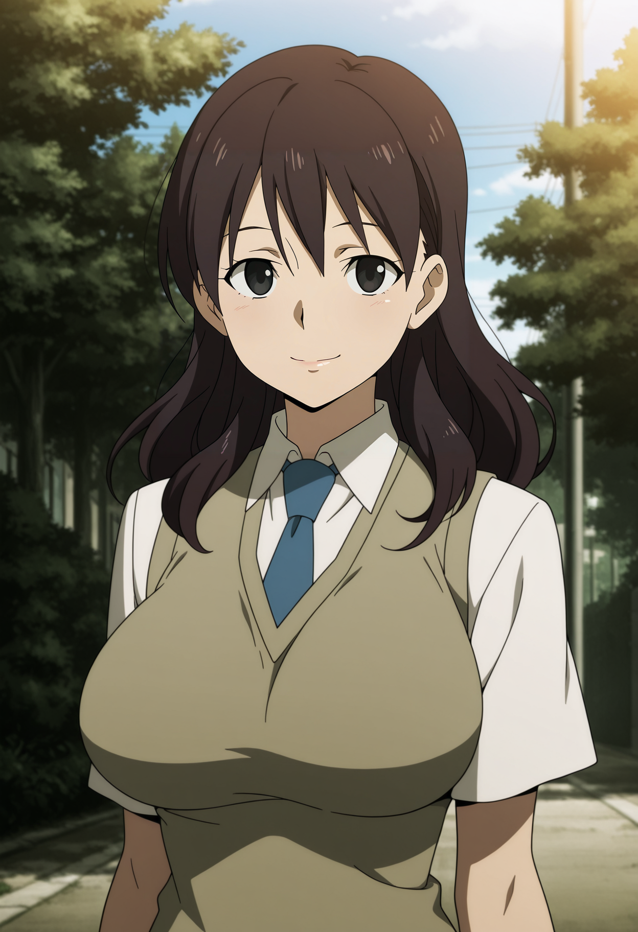 1girl,solo,mm,mature female,long hair,brown hair,black eyes,large breasts,anime coloring,
school uniform,sweater vest,shirt,necktie,short sleeves,upper body, looking at viewer, smile,outdoors
,masterpiece,best quality,amazing quality,<lora:Nozomi_Kasuga-Shikabane_Hime_r1:0.8>