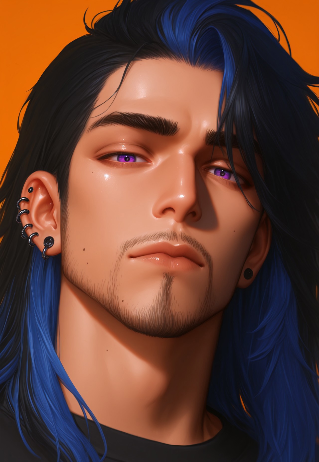 masterpiece, very aesthetic, F4UXM3D14, 1boy, male focus, solo, facial hair, piercing, blue hair, purple eyes, looking at viewer, earrings, jewelry, black hair, portrait, closed mouth, ear piercing, multicolored hair, long hair, stubble, beard, mole, orange background, thick eyebrows, simple background, lips, painterly, traditional media, gouache, oil paint, painting, faux traditional media