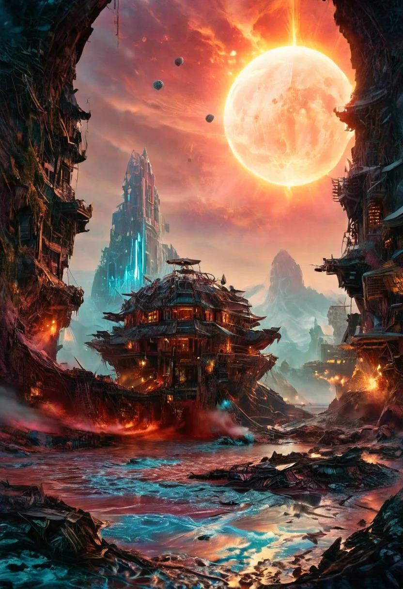 Large landscape photography, a large origami spaceship sailing in space around a frozen planet is attacked by enemy rockets, .sunset, red.ancient ruined city, bridges, dip, apocalypse. God's rays.puddle, the fog, the mystical light, professional photography, natural lighting, volumetric lighting maximalist. intricately detailed, complex, elegant, expansive, fantastical