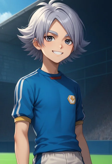score_9, score_8_up, score_7_up, source_anime, highly detailed,
fubuki, 1boy, male focus, solo, grey hair, grey eyes, sportwear, soccer uniform, inazuma japan soccer uniform, shirt, light blue shirt, short sleeves, shorts, grey shorts,upper body, smile, slender, skinny
outdoor,