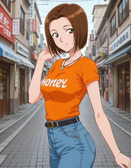 1girl,solo,masterpiece,best quality, anime screenshot,1990s \(style\),
<lora:clothing_store_clerk242_conan_v1_IL:0.6>,cscwoman,brown hair,short hair,necklace,breasts,orange shirt,short sleeves,black belt,tight shirt,jeans,clothes writing, breasts,
looking at viewer,outdoors,closed mouth,smile,cowboy shot, <lora:dmd2_sdxl_4step:1>,shopping district,happy,from side,hand up, looking to the side,