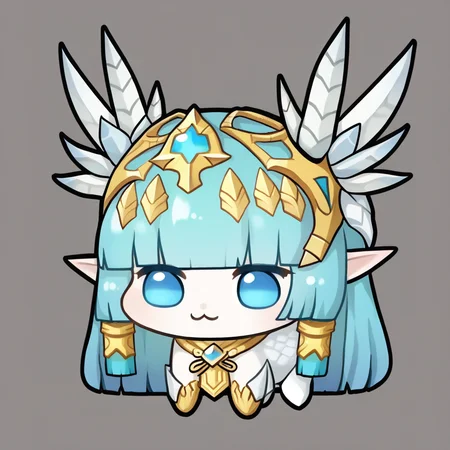 <lora:Doro_X_PDXL_V1:1.0> doro, creature, :3, chibi, no humans, white skin, four legs, solid circle eyes, no pupils <lora:laiaskr-ponyxl-bshi-v1:1> LaiasKR, blue eyes, aqua hair, blunt bangs, dragon horns,headpiece, hair tubes, simple background, pointy ears,