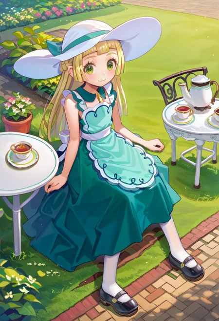 sitting, teacup, smile, garden, table, parasol, <lora:Lillie_PonyXL:1> 1lillie1, blonde hair, long hair, green eyes, 6teatime6, green dress, apron, white sunhat, white pantyhose, black footwear, <lora:Range_murata_PonyXL_style_v01.09:1>, score_9, score_8_up, score_7_up, source_anime,