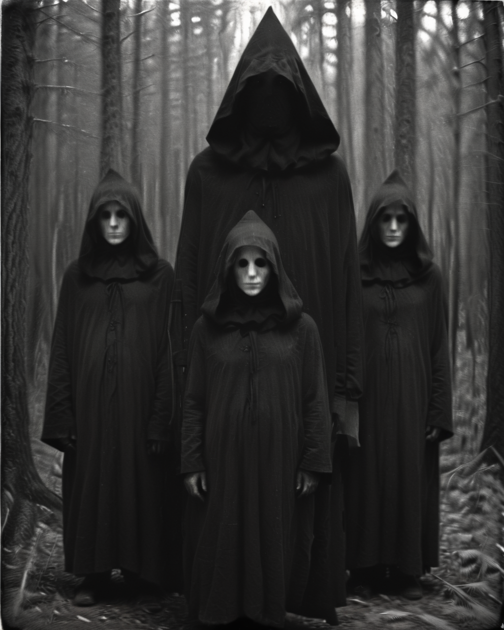 <lora:Old_Photo_Style:0.8> sinister, eerie, 01dPh0t0, black and white photo, dark, shadow, distorted, grainy, film grain, Victorian, cultists, hooded, eerie, forest