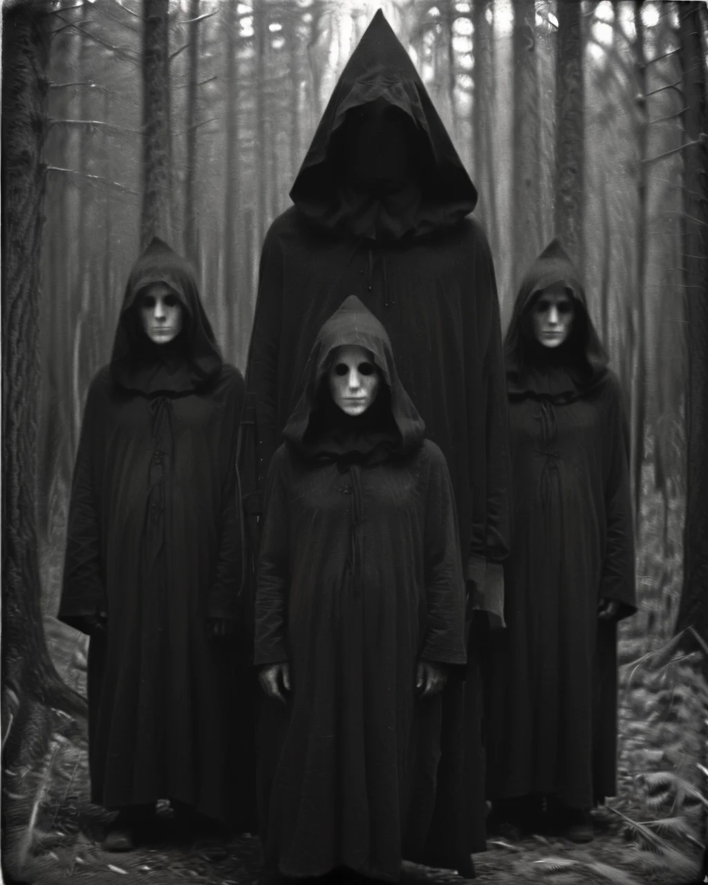 <lora:Old_Photo_Style:0.8> sinister, eerie, 01dPh0t0, black and white photo, dark, shadow, distorted, grainy, film grain, Victorian, cultists, hooded, eerie, forest