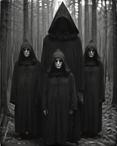 <lora:Old_Photo_Style:0.8> sinister, eerie, 01dPh0t0, black and white photo, dark, shadow, distorted, grainy, film grain, Victorian, cultists, hooded, eerie, forest