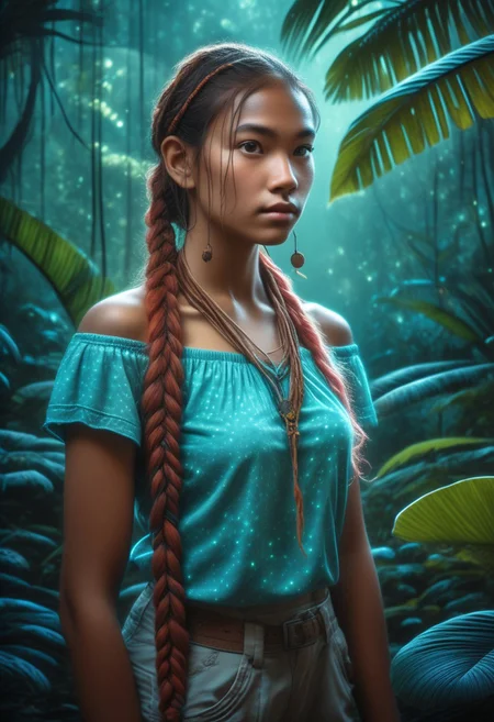 score_9, score_8_up, score_7_up, score_6_up, score_5_up, score_4_up, 1girl, blushing profusely red, 1girl,mysterious girl with freckles,an exotic Polinesian girl in off-shoulder shirt, Hairs in two braids, fading backlit background,pastel colors,surreal, detailed, bokeh, perfect balanced, deep fine borders,artistic photorealism, smooth, whole body view, bioluminescent jungle background, temple