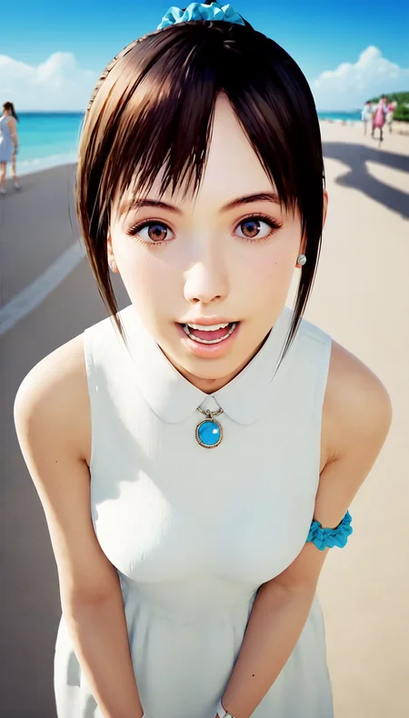 score_9,score_8_up,score_7_up,
<lora:miiyamotoHikari:0.9>,miiyamotohikari,1girl,solo,
vignetting,blurry background,
realistic,black hair,ponytail,bangs,scrunchie,blue scrunchie,
brown eyes,
dress,white dress,collar,white collar,watch,
looking at viewer, happy, teeth, open mouth, lips
medium breasts, upper body, portrait, face focus,
outdoors,sea,street,