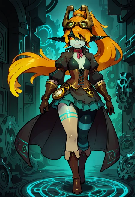 masterpiece, best quality, 1girl, solo,   [Mystic Steampunk Rebel] midna, 1girl, solo, orange hair, two-tone skin, one eye covered, steampunk fashion, corset, long coat, puff sleeves, layered skirt, lace stockings, knee-high boots, brass goggles, pocket watch, leather gloves, ribbon choker, striped tights, rusted gears, glowing backdrop â Amid clanking gears and foggy light, Midna adjusts her brass goggles with a wicked grin. A corset hugs her frame beneath a long coat with puff sleeves, and her skirt shifts like clockwork. Leather gloves flex, lace stockings peek out from beneath the coat, and her single visible eye watches like time itself.   ,<lora:MidnaBiggcuties:1.0>,