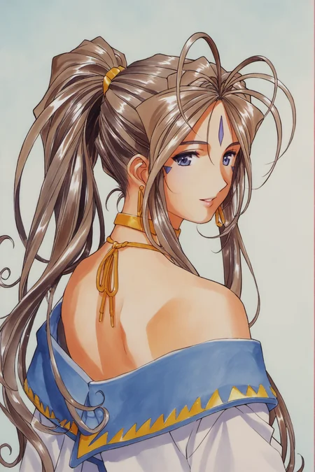 Belldandy,1girl,solo,long hair,jewelry,brown hair,earrings,ponytail,facial mark,choker,forehead mark,looking back,traditional media,score_9,score_8_up,<lora:Kosuke Fujishima_XL_PONY_OM:0.9>,
