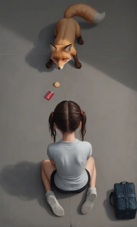 Minimalist style score_9, score_8_up, score_7_up, score_6_up,
Dramatic,Dynamic,Cinematic,Sharp details Insane quality. Insane resolution. Insane details. Masterpiece. 32k resolution
by miyuki_(miyuki0529), from above,
looking down,
fox animal, fox,
shadow and light,
concrete floor,
(zooming out:0.8),
a girl sitting on the ground looking at a fox on the ground, with shadows on the ground, schoolbag on the floor, a packet of biscuits on the floor,
Atey Ghailan, realistic painting, a hyperrealistic painting, hairy art
<lora:1dkXLP:0.7> <lora:add-detail-xl:2> <lora:43stl1ght1ngXLP2:0.4 . Simple, clean, uncluttered, modern, elegant