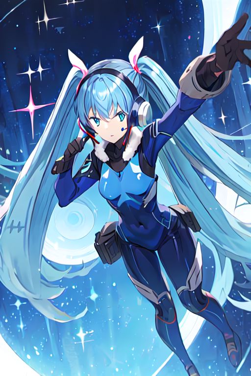 solo, 1girl, solo_focus, 
hermit mio, long hair, blue eyes, twintails, very long hair, blue hair, facial mark,, headphones, gloves, bodysuit, covered navel, pilot suit,