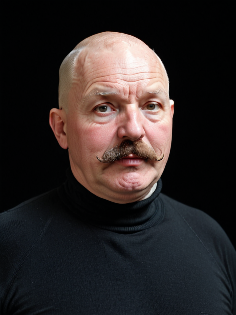 indoors. solo plump male focus , older, moustache, bald, turtleneck, dark black background
 <lora:Natural_Bodies-v1e4:1>
