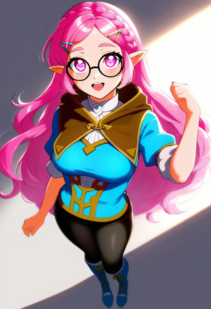 1 cute girl, short, cute, goggles on head, large framed glasses, pale skin, full body, happy, long smooth hair, very long hair, pastel pink hair, rainbow highlights, flowy hair, long hair, braid, hair ornament, hairclip, side braid, single braid, very long wavy hair, swept bangs, large round eyes, hip length hair, large round eyes, lavender eyes, smooth face, freckles, round face, very cute face, small facial features, a slim figure, medium breasts, round breasts,
knee high walking boots, sneakers, DROWID, zeldacape, capelet, blue shirt, black pants, hairclips
looking at viewer, curvaceous, cute, best angle, smooth hair, sparkling hair, glowing skin, freckled skin, beautiful, high definition CG, (absurdres), extreme light and shadow, (detailed eyes), (shine), lighting, great composition, blush, dynamic pose, dynamic angle, 8k, sharp, superb lining, masterpiece, detailed anatomy,