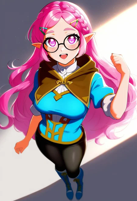 1 cute girl, short, cute, goggles on head, large framed glasses, pale skin, full body, happy, long smooth hair, very long hair, pastel pink hair, rainbow highlights, flowy hair, long hair, braid, hair ornament, hairclip, side braid, single braid, very long wavy hair, swept bangs, large round eyes, hip length hair, large round eyes, lavender eyes, smooth face, freckles, round face, very cute face, small facial features, a slim figure, medium breasts, round breasts,
knee high walking boots, sneakers, DROWID, zeldacape, capelet, blue shirt, black pants, hairclips
looking at viewer, curvaceous, cute, best angle, smooth hair, sparkling hair, glowing skin, freckled skin, beautiful, high definition CG, (absurdres), extreme light and shadow, (detailed eyes), (shine), lighting, great composition, blush, dynamic pose, dynamic angle, 8k, sharp, superb lining, masterpiece, detailed anatomy,