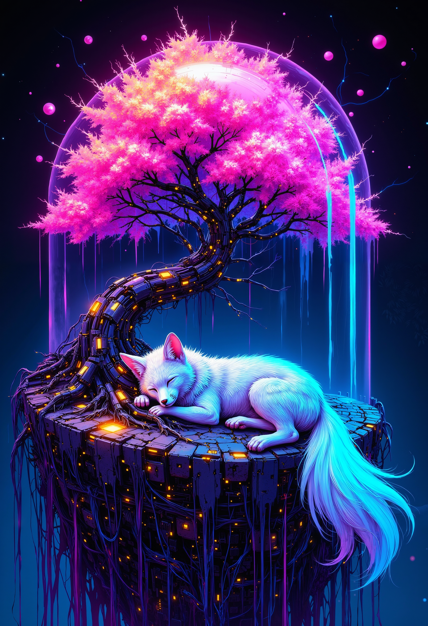 A fantastic art splash in the style bo-cyborgsplash,  A cybernetic fox sleeping under a sakura tree inside a futuristic glass dome, roots connected to glowing energy sources, electric petals drifting in zero gravity, color splash, vibrant neon details, cyberpunk forest, soft surreal lighting.<lora:boFLUX Cyborgsplash.safetensors:1.0:1.0>