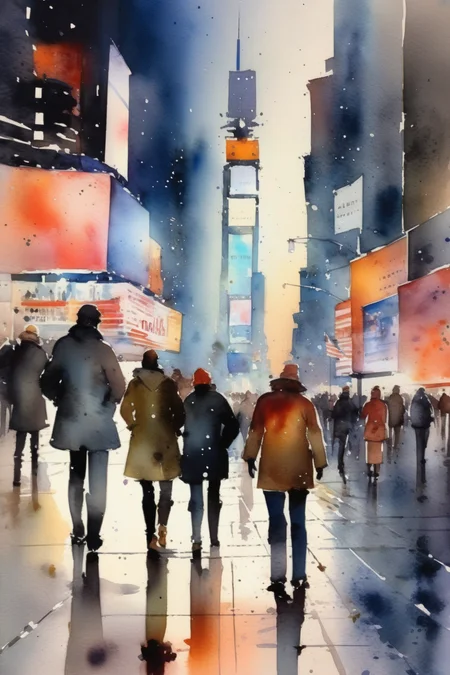 <lora:Thomas Schaller Style:1>Thomas Schaller Style - create a watercolor painting of times square during the night, brightly lit screens, people walking, vibrant colors, cold texture watercolor, soft edges, in the style of alvaro castagnet