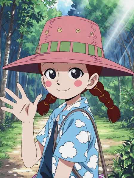 (masterpiece,best quality,newest,absurdres,highres), M4r14nn3, solo, 1girl, black eyes, brown hair, twin braids, blush stickers, pink headwear, outdoor, smile, upper body, raise left arm, day, outdoor, waving, looking at viewer, sunlight, shadows, natural lighting, sunlight, light particles, light rays, sunbeam, dappled sunlight <lora:Marianne_IllustriousXL:0.8>